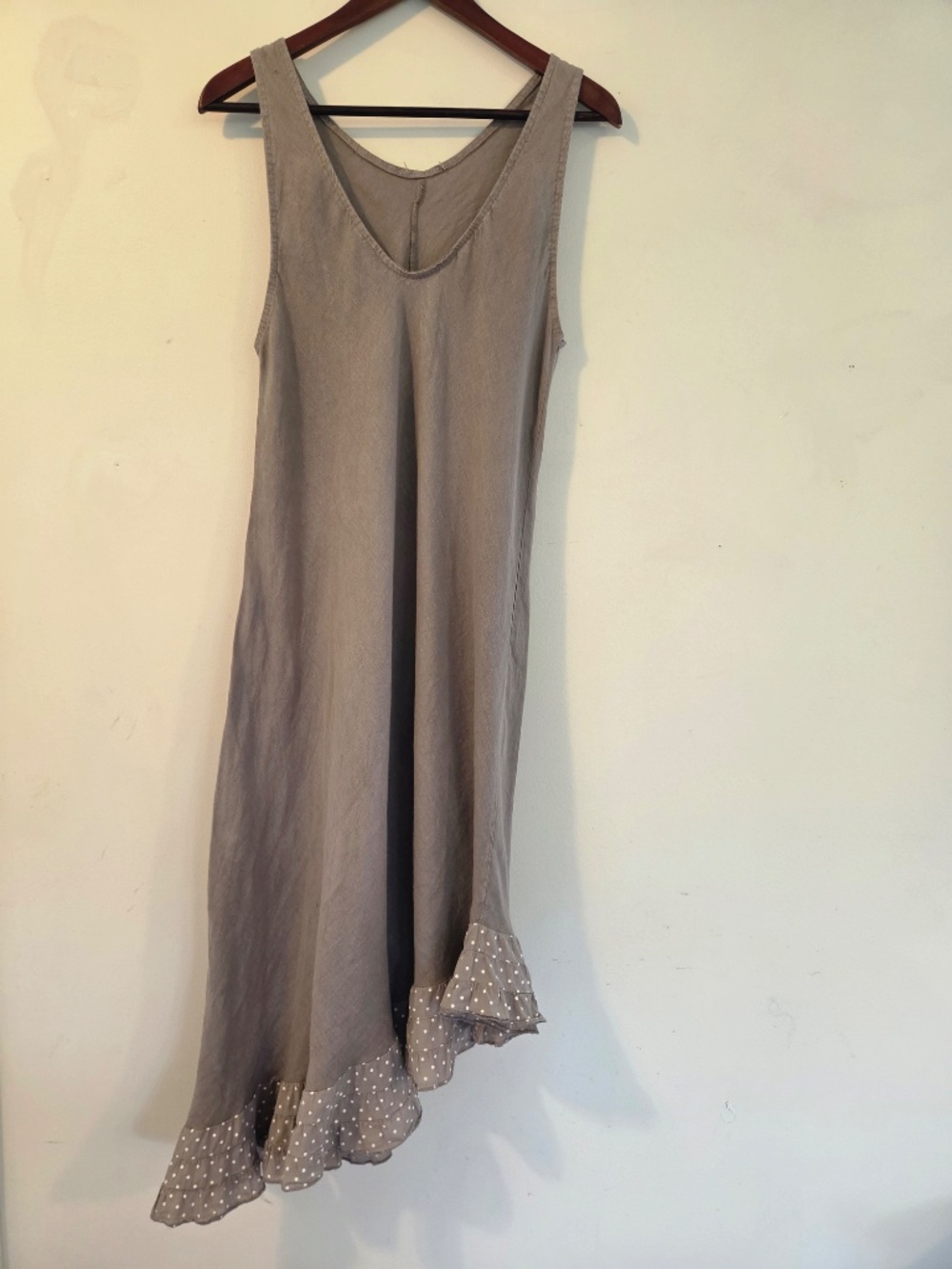 Made in Italy 100% LINEN brown midi dress polkadots sleeveless ruffle coastal - Picture 2 of 7